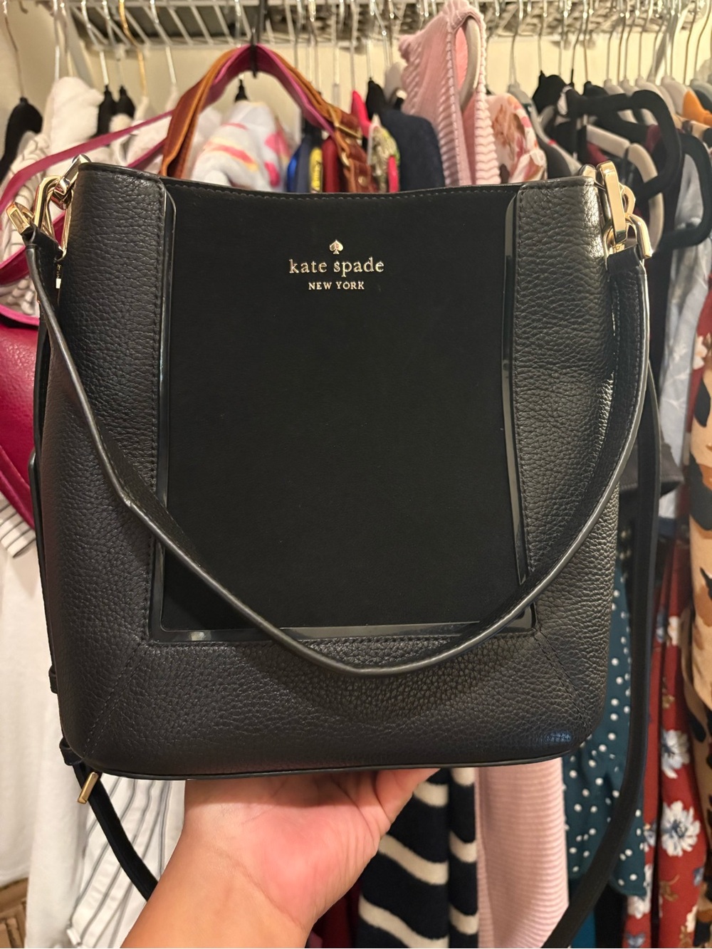 Kate Spade | Lena Bucket Handbag | Black Leather w/Suede